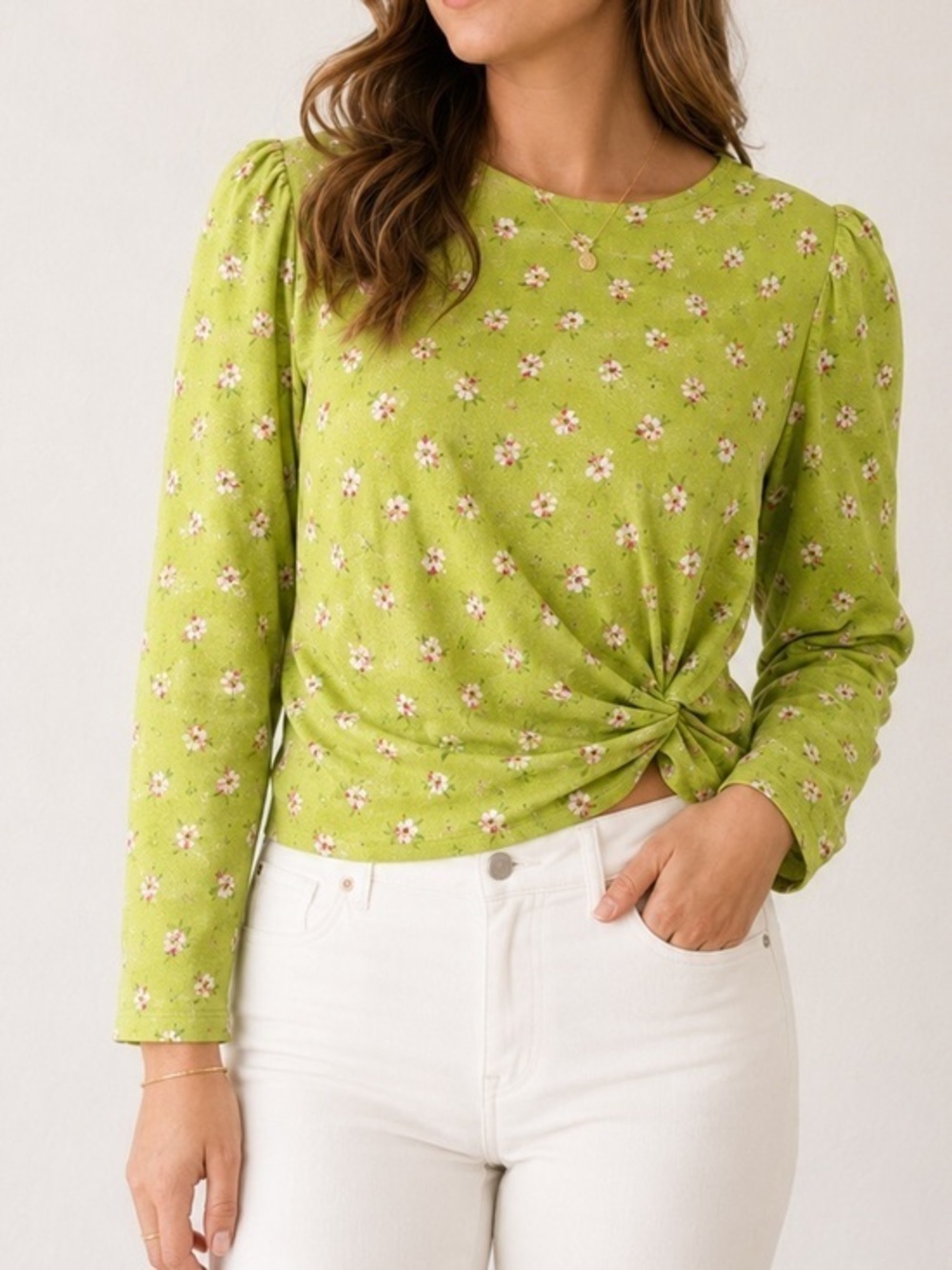 Ungaro Green Floral Satin Twist Front Blouse Puff Sleeve Size 8